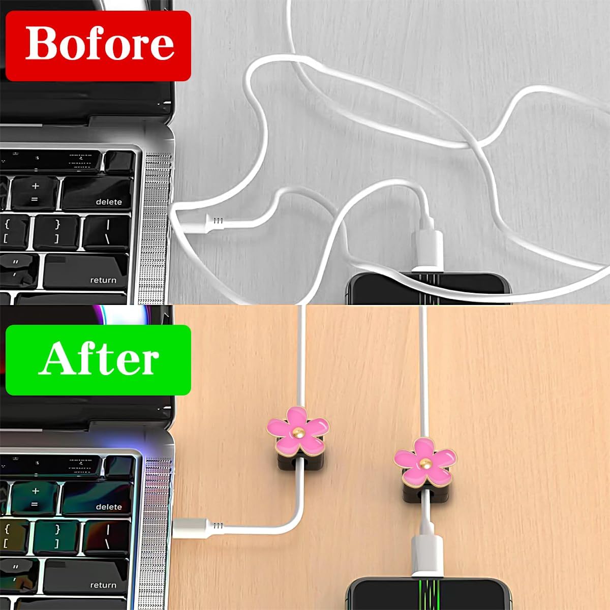 Magnetic Cord Organizer, Easy Secure Adhesive Cable Management, Wire Holder Organizer, Hide Or Organize Phone USB Charger Cable Clips for Home,Office,Car,Desk,Nightstand (White Flower-8 Pack)