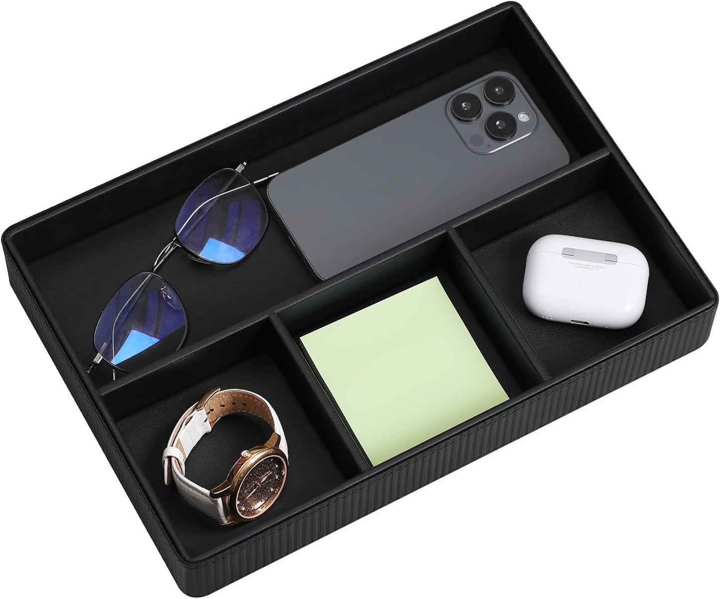 PU Leather Valet Tray, Decorative Trinket Vanity Desk Drawer Organizer Tray, Perfume Dish Catch All Bowl for Keys, Nightstand Drawer Organizer Women Men with 4 Compartments (Cream-White)