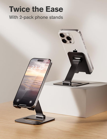 Nulaxy 2 Pack Dual Folding Cell Phone Stand, Fully Adjustable Phone Holder for Desk, Compatible with iPhone 17 16 15 14 13 12 11, Nintendo Switch, All Phones, Black & Rose Gold