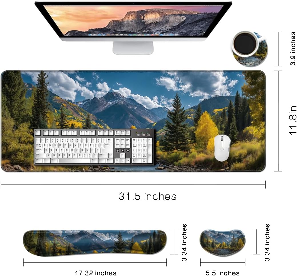 MIBITRI Keyboard Mouse Pad Set, Extended Gaming Mouse Pad+Ergonomics Keyboard Wrist Rest Support, Memory Foam, Easy Typing Pain Relief, 4Pcs XXL Ultra Thick Desk Mat, Enchanted Bookshelf
