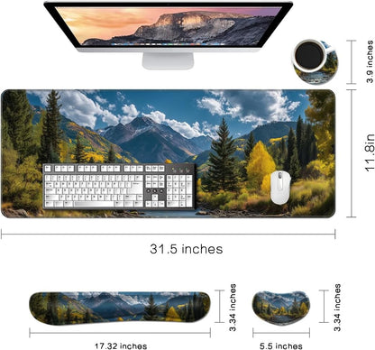 MIBITRI Keyboard Mouse Pad Set, Extended Gaming Mouse Pad+Ergonomics Keyboard Wrist Rest Support, Memory Foam, Easy Typing Pain Relief, 4Pcs XXL Ultra Thick Desk Mat, Enchanted Bookshelf