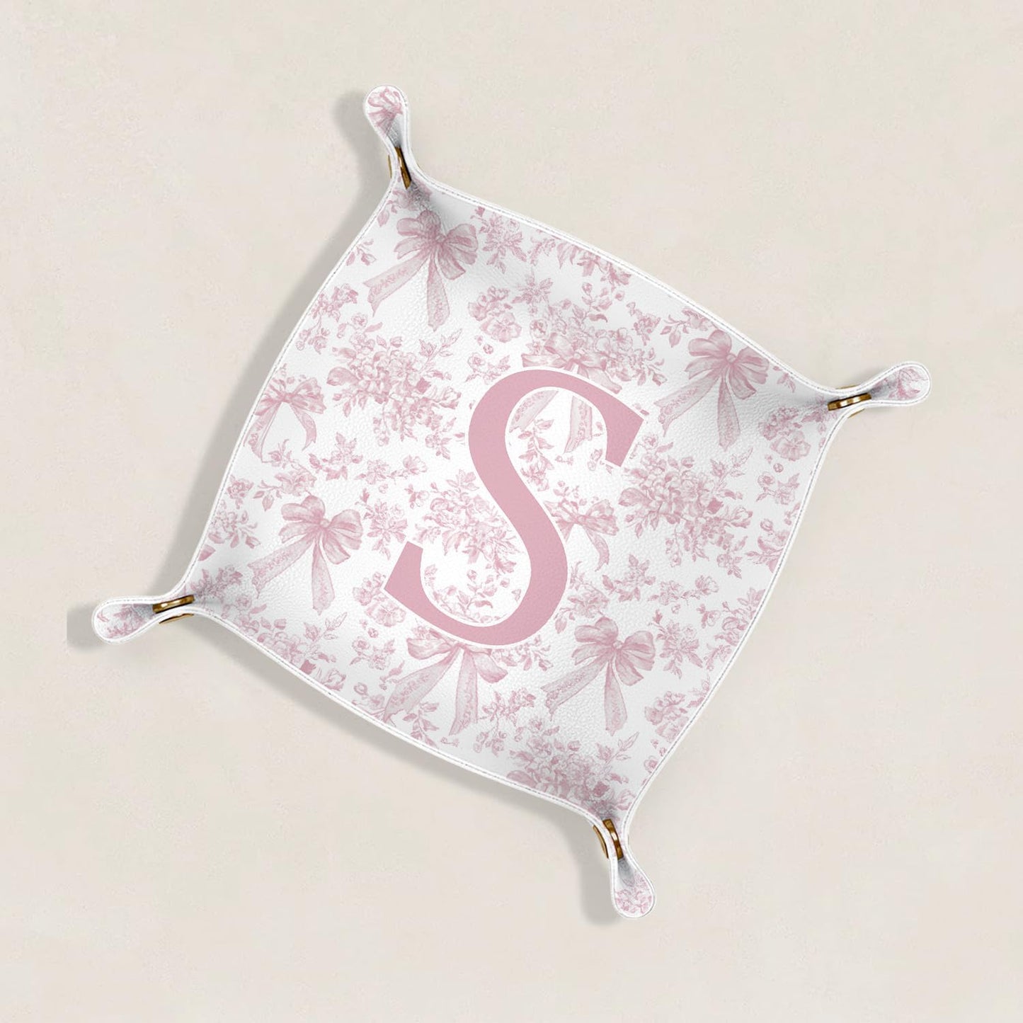 Gifts for Mom Initial Valet Tray,Pink Personalized Gifts for Women Mom Grandma Girlfriend,Nightstand Desk Accessories PU Leather Tray Organizer for Birthday Christmas Gift Ideas (B)