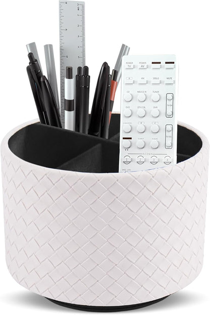 Hennaja Round Leather Art Supply Organizer,Remote Control Holder,360 Degree Rotating,Multi-Functional Pencil Holder,4 Compartments Desktop Stationary Organizer(1-Blue Bird) - Colors A