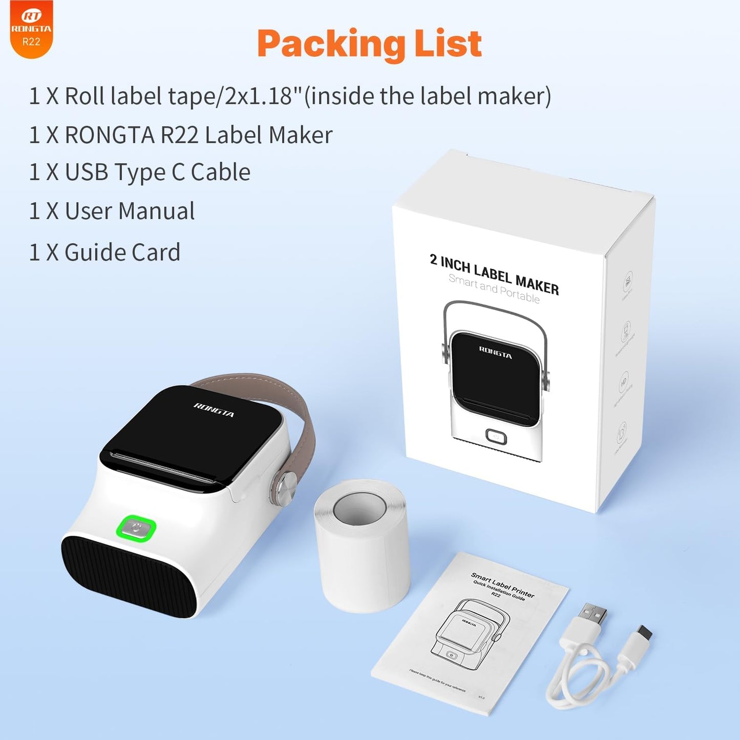 Rongta Bluetooth Label Maker Machine with Tape, Thermal Label Printer for Office, Small Business Essentials, Home Organization, Portable Inkless Sticker Label Maker with 2x1.18 inch Labels