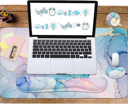 4-in-1 Large Gaming Mouse Pad, Keyboard Wrist Rest Pad & Wrist Support Mousepad Set, Extended Desk Pad Waterproof Desk Mat for Home Office Study Game-Black
