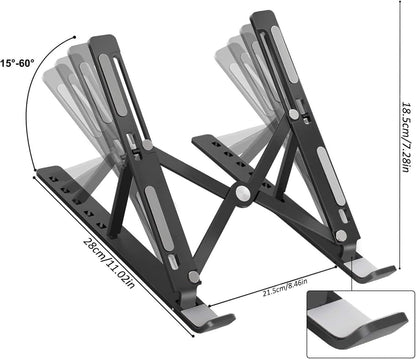 Premium Portable Aluminum Laptop Stand for Desk, 7 Angles Adjustable Tilt, Heavy-Duty Laptop Riser, Foldable, Slim & Lightweight Travel-Friendly Stand for Desk & Workstation, Black