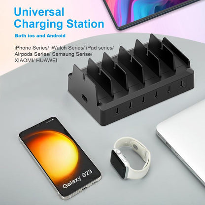 Charging Station for Multiple Devices, 6 Port USB Desktop Charger Dock Compatible with iPad, Samsung, Android, Tablet, Family Multi Phone Charging Organizer with Divider Holders, Fireproof ABS (White)