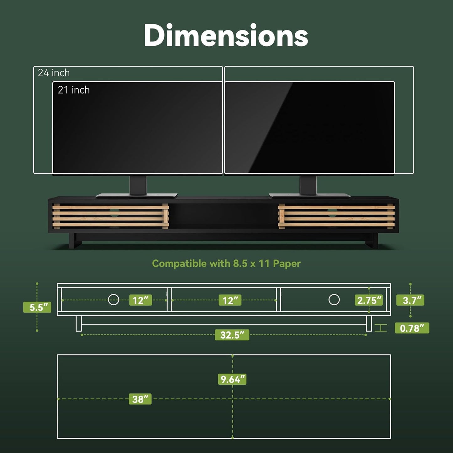 Monitor Stand Riser with Sliding Door, Computer Laptop Stand Desk Shelf Organizer with Storage (Natural Bamboo, 25 Inch)