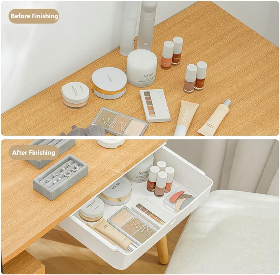 2 Pack Under Desk Drawer, Large & Medium Self-Adhesive Under Desk Organizer, Hidden Under Desk Storage Box Cosmetics Case Stick On Under Table Tray Holder for Cutlery, Office Supplies, Stationery