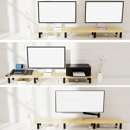 Dual Monitor Stand - 43.7 inch Extra Long Wide TV Stand - Wood & Steel Leg Desktop Riser - Desk Organization - Home Office (Vintage)