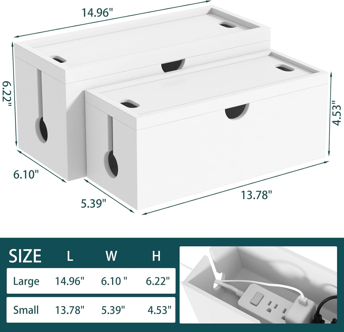 Bamboo Cable Management Box, Large Cord Organizer Box Cable Box to Hide Wires & Power Strips for Desktop Storage Cord Holder for Office Home,No Assembley Required (All White, Large)