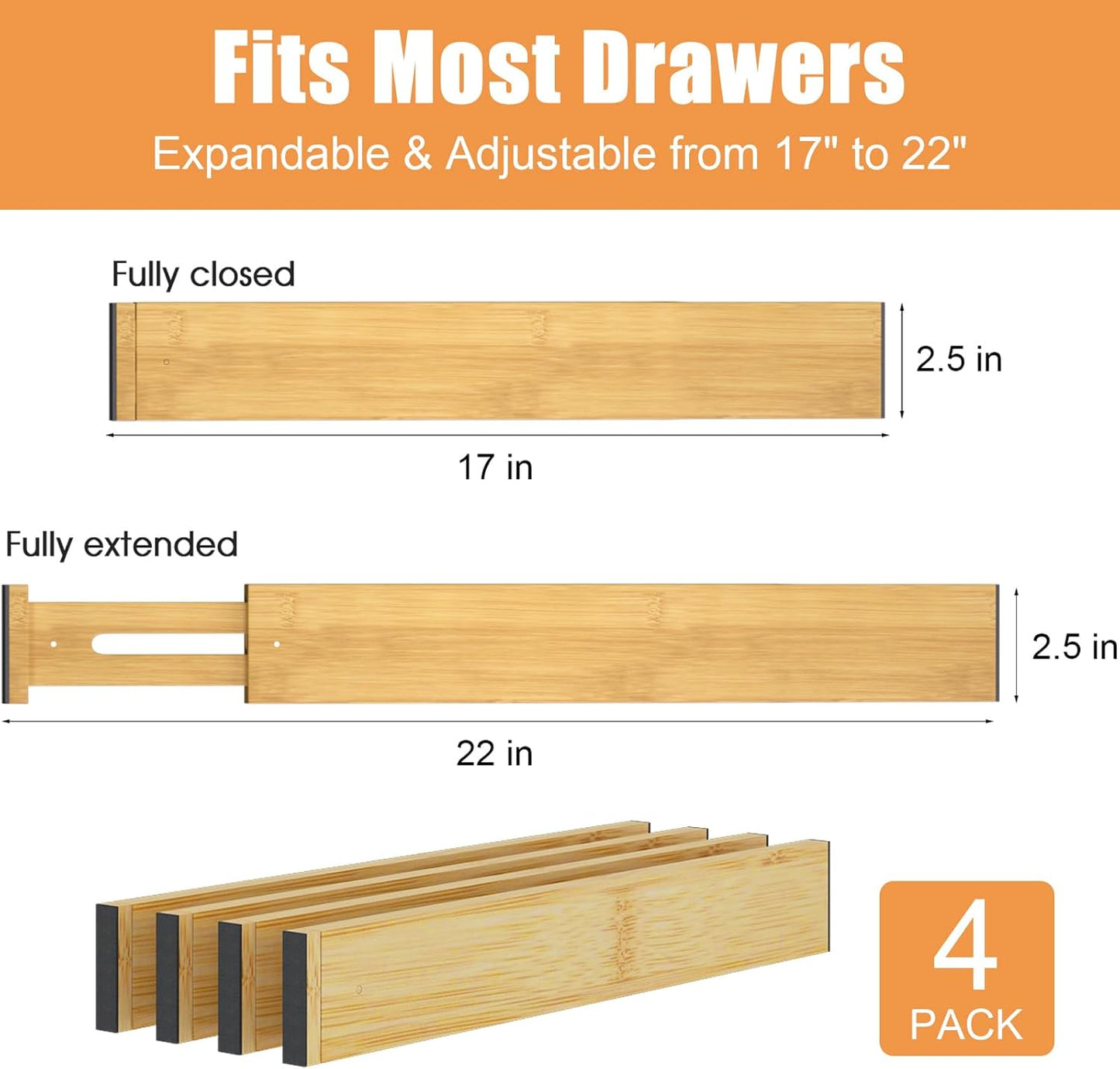 Bamboo Drawer Dividers,17-22" Adjustable Kitchen Drawer Organizer for Clothes,4 Pack Expandable Drawer Organization Separators for Bedroom,Bathroom,Dresser and Office,Natural