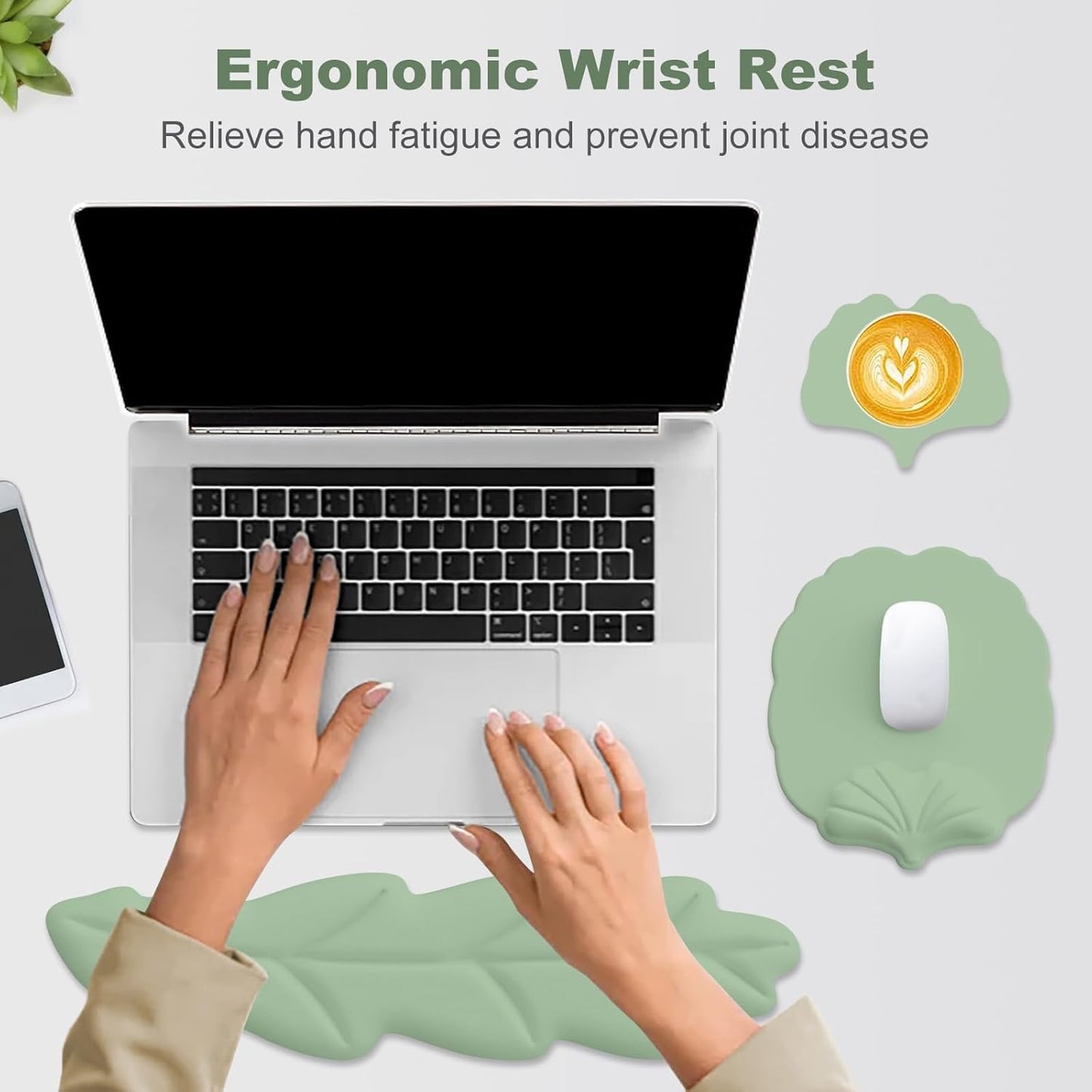 Keyboard Wrist Rest and Mouse Pad with Wrist Support Set, Ergonomic Leaf Shape Mouse Pad with Non-Slip Base, Pain Relief Memory Foam Mousepad for Computer,Laptop,Home Office, Green