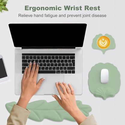 Keyboard Wrist Rest and Mouse Pad with Wrist Support Set, Ergonomic Leaf Shape Mouse Pad with Non-Slip Base, Pain Relief Memory Foam Mousepad for Computer,Laptop,Home Office, Green