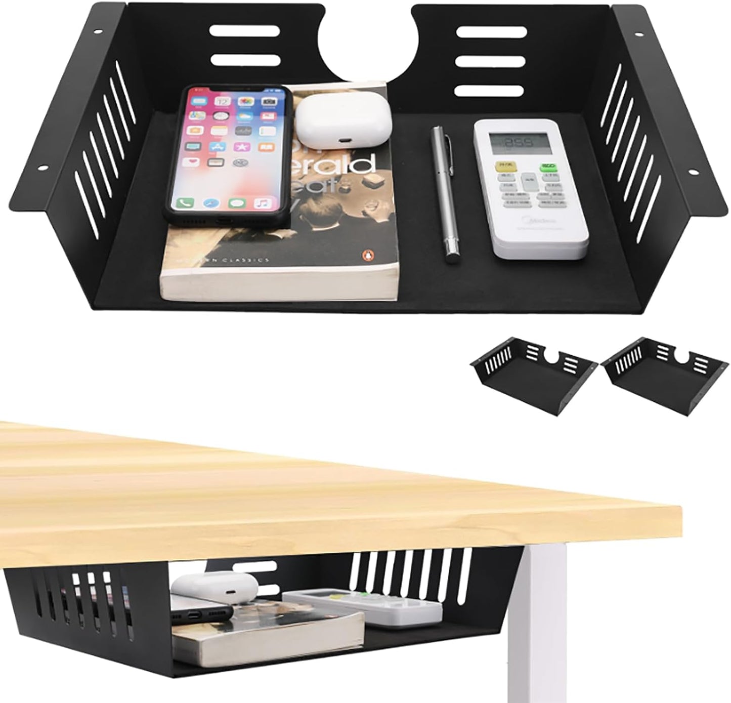 2 Pack Under Desk Shelf - Under Desk Storage Shelf Metals,Under Desk Organizer - Black Under Shelf Storage for Office Tables & Workstations（11 Inch）
