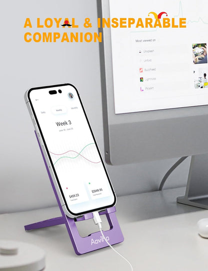 Aoviho Phone Stand for Desk, Ultra-Thin Foldable Aluminum Phone Holder, Portable Travel & Office Cell Phone Stand Compatible with iPhone 17 16 15 14 13 12 Pro Max, Fits 3.7"-7" Devices, Black