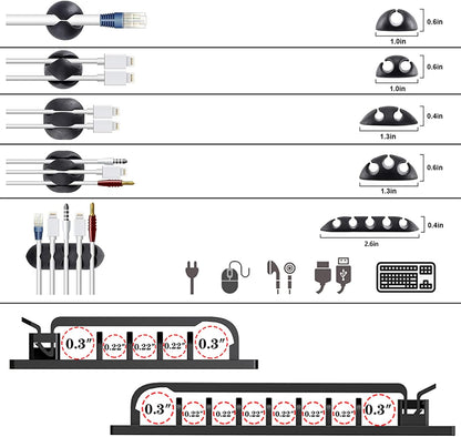 N NOROCME 192 PCS Cable Management Kit 4 Wire Organizer Sleeve,11 Cable Holder,35Cord Clips 10+2 Roll Cable Organizer Straps and 100 Fastening Cable Ties for Computer TV Under Desk, black,clear