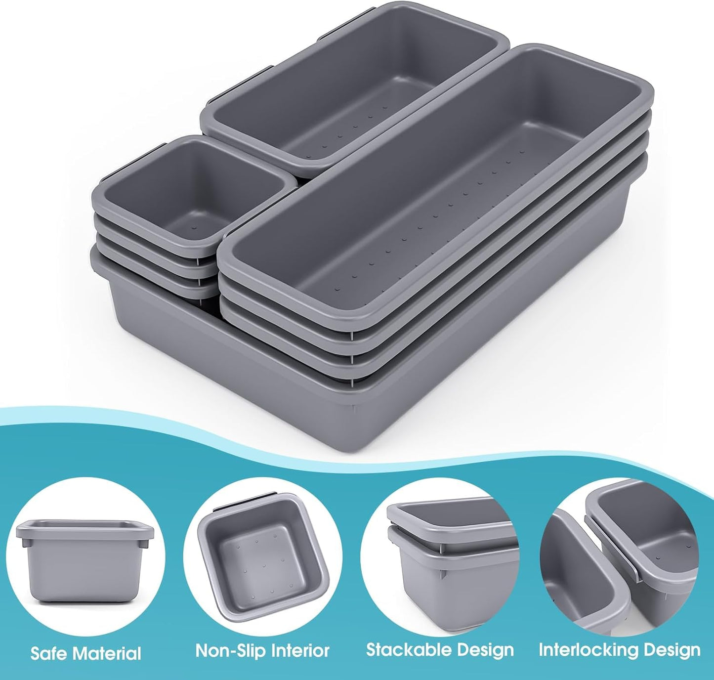 StoreHappily 10 PCS Drawer Organizer Set, 4 Size Makeup Drawer Divider Organizer With Non-Slip Pads, Interlocking Plastic Storage Bins for Office,Jewelry Vanity,Gadgets, Bathroom,Kitchen, Black