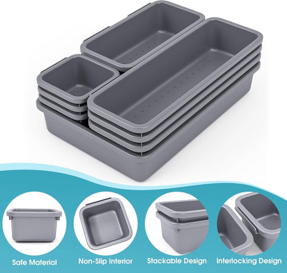 StoreHappily 10 PCS Drawer Organizer Set, 4 Size Makeup Drawer Divider Organizer With Non-Slip Pads, Interlocking Plastic Storage Bins for Office,Jewelry Vanity,Gadgets, Bathroom,Kitchen, Black