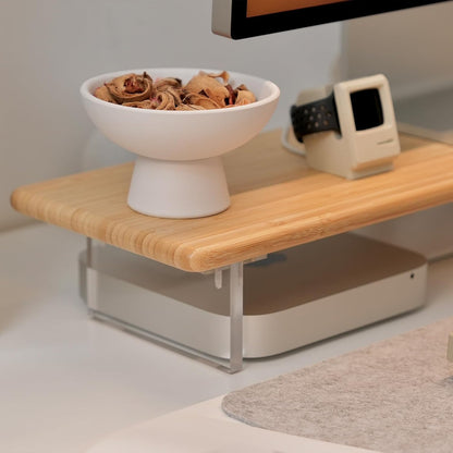 Bamboo Monitor Stand Riser with Acrylic Legs for Desk, 31.5 Inches Desktop Shelf Supports for PC Computer Monitor, Laptops, Printer, Speakers (White)