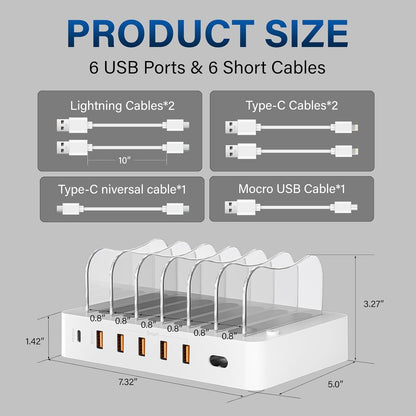 Charging Station for Multiple Devices 68W 6 Port Phone Charger Dock with 6 Cables, 20W Black Fast Charging Station Compatible with Apple Cellphone iPad iPhone Tablet(Black)