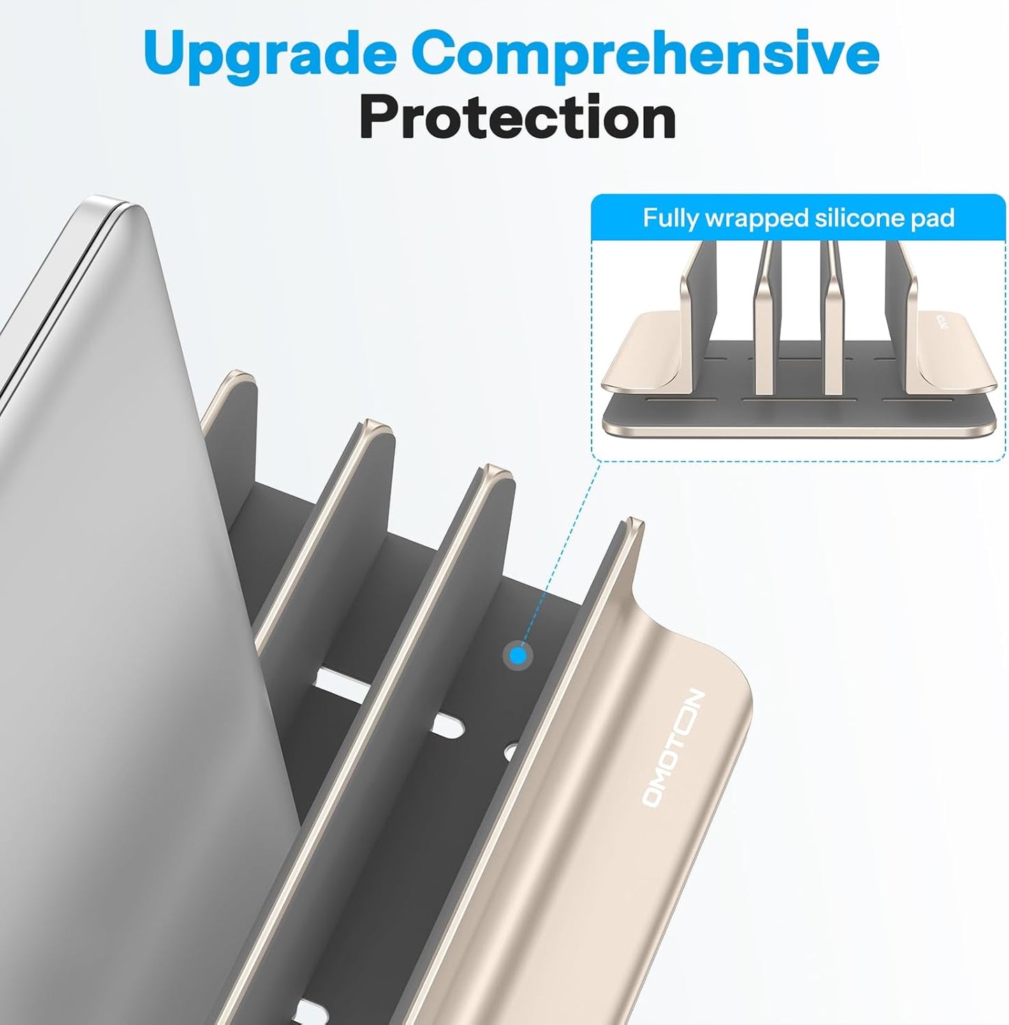 OMOTON Vertical Laptop Stand [Updated 3-Slots Version], Desktop Aluminum Mac Book Stand with Adjustable Dock Size, Fits All Mac Book, Chrome Book and Gaming Laptops (Up to 17.3 inch), Starlight