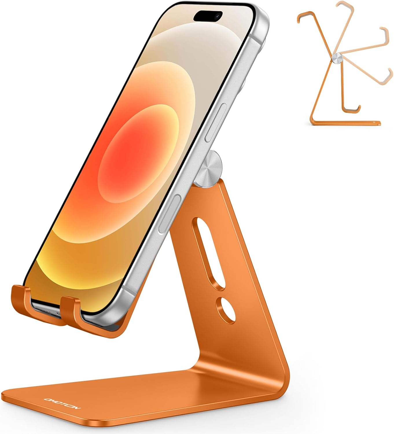 Adjustable Cell Phone Stand, OMOTON Aluminum Desktop Cellphone Stand with Anti-Slip Base and Convenient Charging Port, Fits All Smart Phones, Silver