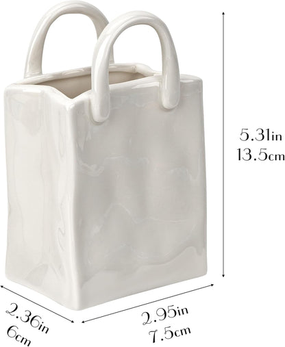 Vintage Handbag Ceramic Pencil Holder, White Pen Cup Desk Organizer, Cute Aesthetic Ceramic Brush Holder, 1 Pack