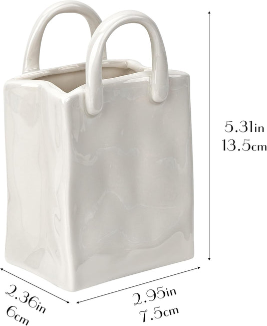 Vintage Handbag Ceramic Pencil Holder, White Pen Cup Desk Organizer, Cute Aesthetic Ceramic Brush Holder, 1 Pack