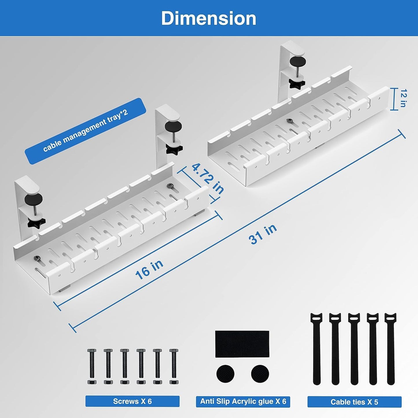 No Drilling Extendable Under Desk Cable Management, Metal Cable Management Tray Under Desk with Clamp, Retractable Power Strip Cord Holder for Wire Management 31Inch(1 Pack Black Extendable 31')