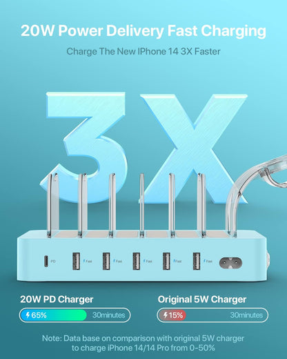 SooPii 60W 6-Port PD Charging Station for Multiple Devices, 20W PD USB C Fast Charging for lPhone 14/13/12,6 Short Cables Included, 2 in 1 Holder,for Phones,Tablets and Others…