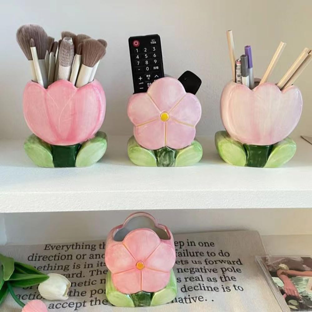 AMZWISH Pink Pen Holder, Ceramic Tulip Flower Design Makeup Brush Holder Stand for Countertop, Vanity Table, Desk Organizer for Bathrooms, Kitchens, Office