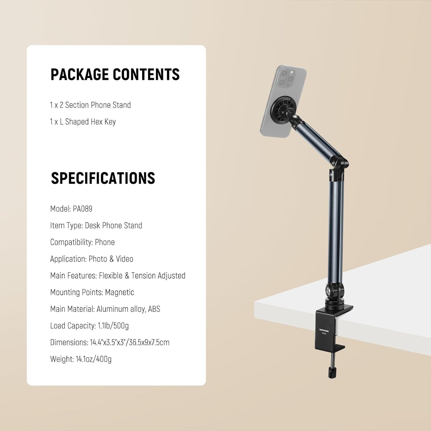 NEEWER Basics Cell Phone Stand for Desk, Adjustable Phone Holder Clamp with Weighted Metal Base, Office Table Phone Mount Compatible with iPhone 16 15 Pro Max Plus Samsung for Video Recording, ST006