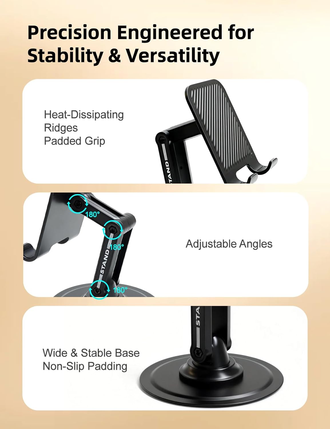 Phone Stand for Desk, Adjustable Dual-Axis 360° Rotating Sturdy Cell Phone Holder, Anti-Loose Maintainable Design, Compatible with iPhone Android Smartphones