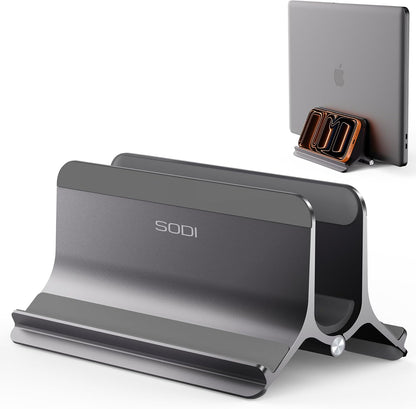 SODI Vertical Laptop Stand for Desk, Gravity Auto Lock MacBook Stand, Aluminum Laptop Holder Vertical Compatible with MacBook Pro, Air, Tablet, Space-Saving Organize Work & Home Office, Gray