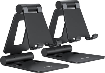 Nulaxy 2 Pack Fully Aluminum Dual Folding Cell Phone Stand, Adjustable Foldable Desktop Phone Holder for Desk Compatible with iPhone 17 16 15 14 13 12 11 Pro Max Xs Xr X 8, All Phones, Black & Silver