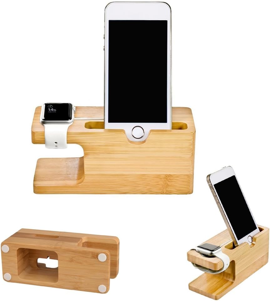 MOOZO Bamboo Wood Desktop Charging Dock Station Charger Holder Cradle Stand Compatible iPhone 16 15 14 13 12 11 Pro Max Apple Watch 2 3 4 / iWatch Samsung Galaxy S8 S7 S6 Edge Plus LG HTC Smartphones