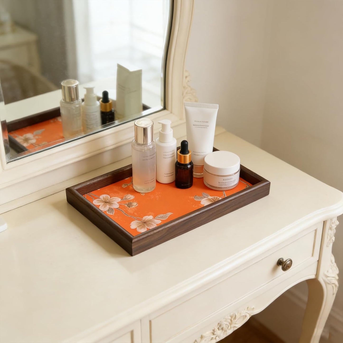 Wooden Valet Tray with Leather Base, EDC Catch All Tray Nightstand Entryway Table Vanity Organizer 11.8x7.9, Black