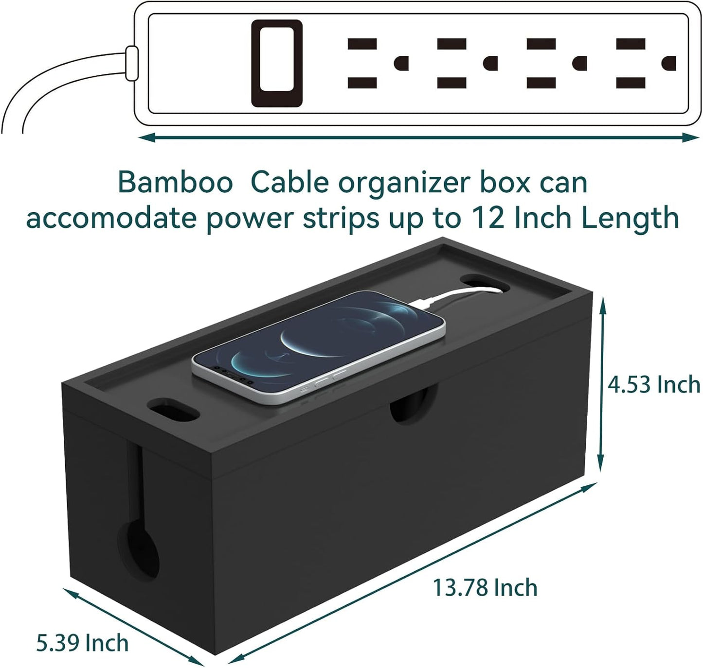 Bamboo Cable Management Box, Large Cord Organizer Box Cable Box to Hide Wires & Power Strips for Desktop Storage Cord Holder for Office Home,No Assembley Required (All White, Large)