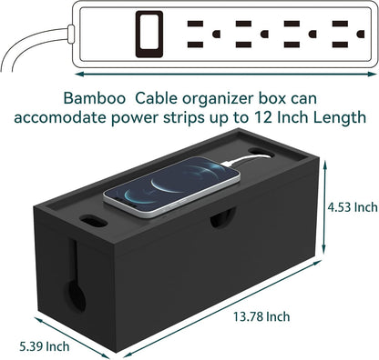Bamboo Cable Management Box, Large Cord Organizer Box Cable Box to Hide Wires & Power Strips for Desktop Storage Cord Holder for Office Home,No Assembley Required (All White, Large)