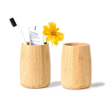 Natural Bamboo Toothbrush Holder 2 Pack, Simple Minimal Cylindrical Tumbler for Bathroom Countertop, Unbreakable Makeup Brush or Pen Organizer, Desktop Accessory