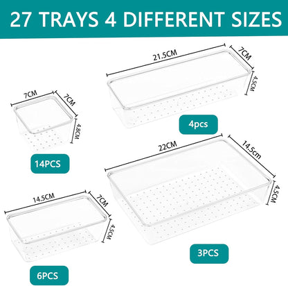 Clear Drawer Organizer Set, 4 Sizes Desk Drawer Divider Organizers Storage Bins for Bathroom,Kitchen,Office,Vanity Organizers Tray for Jewelry (27PACK)