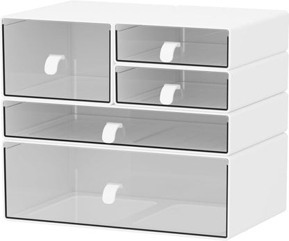 Desk Organizer Set, Clear Stackable Dustproof Storage Boxes for Desktop, Office, DIY Craft & Vertical Space Saving, Perfect for Makeup, Stationery, Jewelry Organization (5 Drawer)