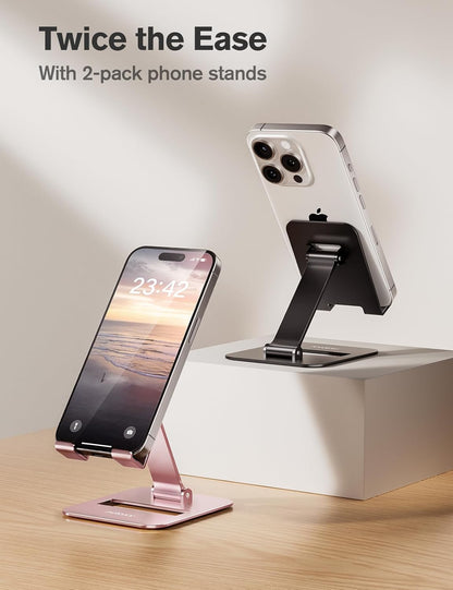 Nulaxy 2 Pack Dual Folding Cell Phone Stand, Fully Adjustable Phone Holder for Desk, Compatible with iPhone 17 16 15 14 13 12 11, Nintendo Switch, All Phones, Black & Rose Gold