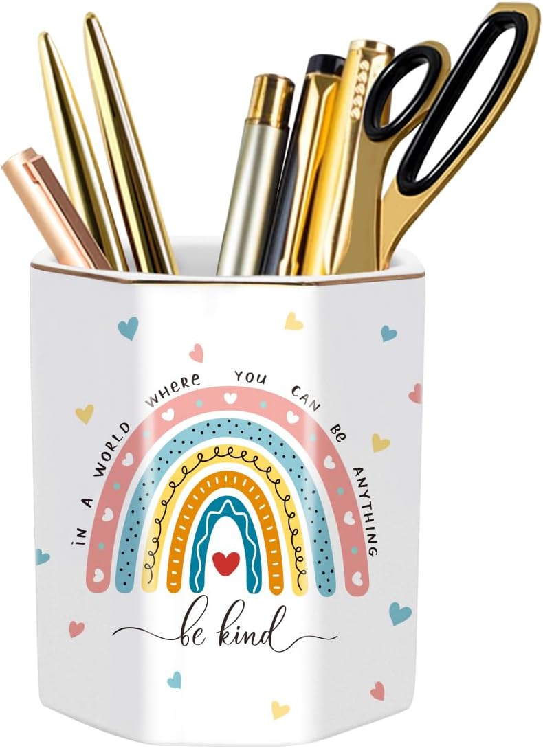 WAVEYU Ceramic Pen Holder for Desk Cute, Pencil Cup Pot Desk Organizer, Makeup Brush Holder for Women, Men, Kids, Desk Marble Decor for Office, Classroom, Home, Gray Golden