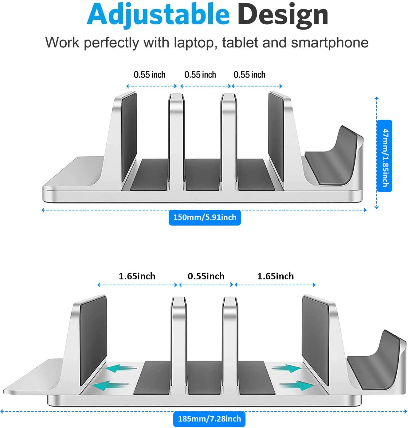 3-Slot Vertical Laptop Stand for Desk [Updated Version],Space-Saving Aluminum Desktop Stand Holder with Adjustable Dock Size Compatible for All MacBook/HP/Dell/Surface/Samsung/Chrome Book(Silver)