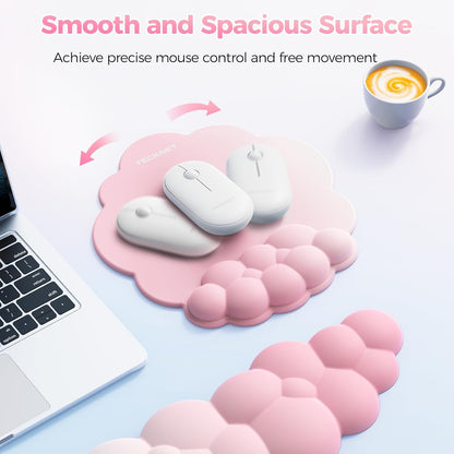 TECKNET Cloud Mouse Pad with Wrist Rest, Ergonomic Cloud Wrist Rest with Non-Slip Base, PU Leather Memory Foam Mouse Pad Wrist Support for Keyboard and Mouse, Pain Relief for Typing, Gaming, White