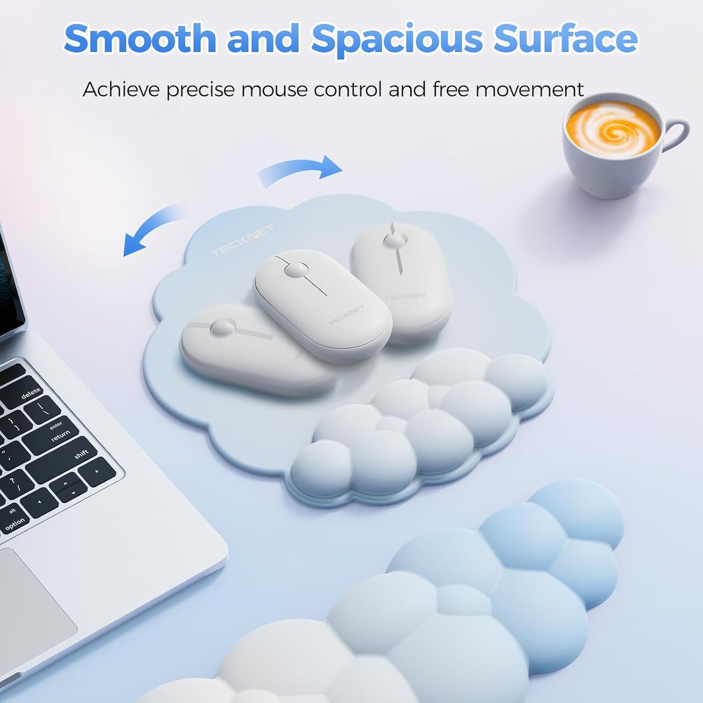 TECKNET Cloud Mouse Pad with Wrist Rest, Ergonomic Cloud Wrist Rest with Non-Slip Base, PU Leather Memory Foam Mouse Pad Wrist Support for Keyboard and Mouse, Pain Relief for Typing, Gaming, White