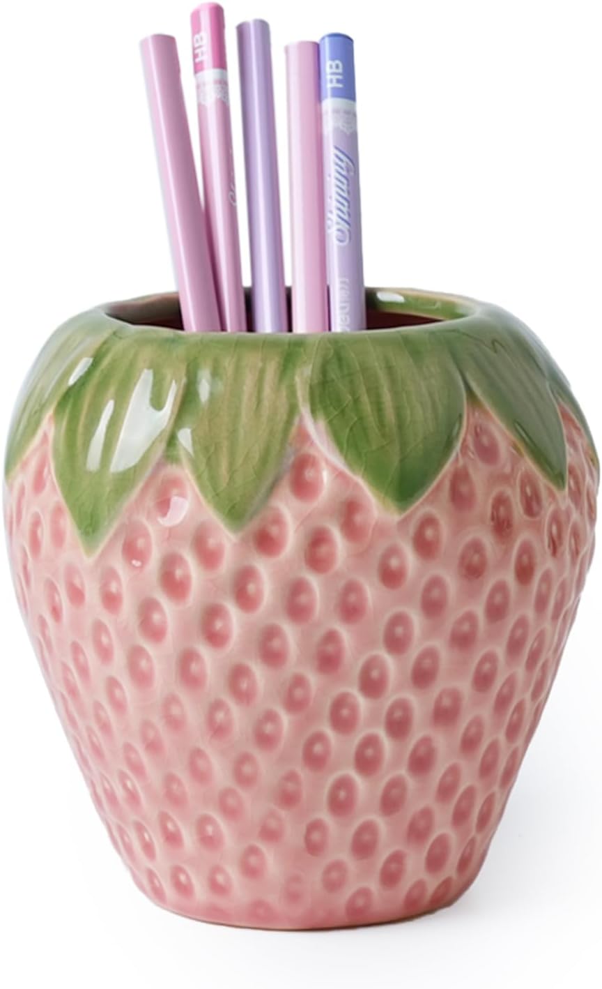 Strawberry Pencil Holder, Cute Pen Holder for Desk, Ceramic Pen Holder, Stand Makeup Brush Holder, for School, Home, Office Desk Decor(Pink)