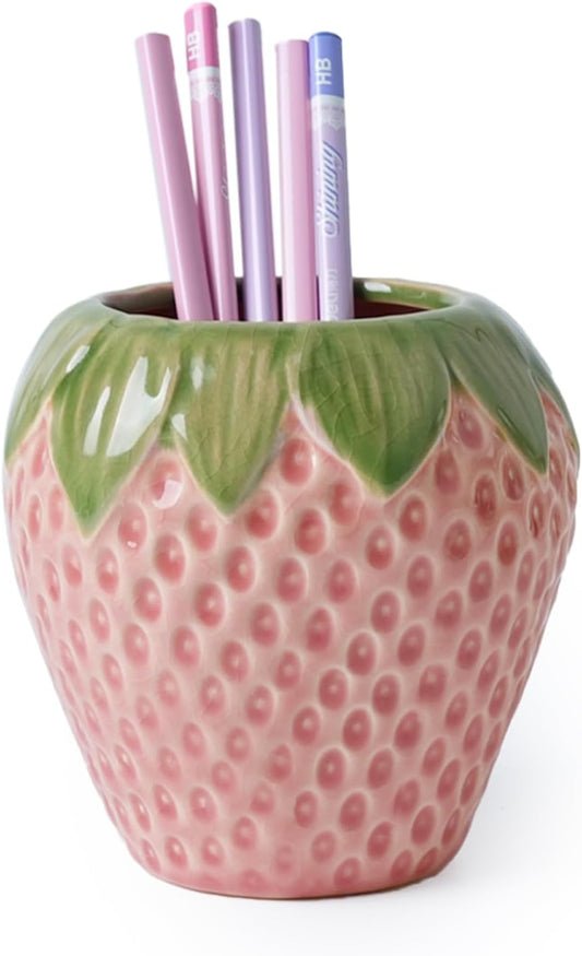 Strawberry Pencil Holder, Cute Pen Holder for Desk, Ceramic Pen Holder, Stand Makeup Brush Holder, for School, Home, Office Desk Decor(Pink)